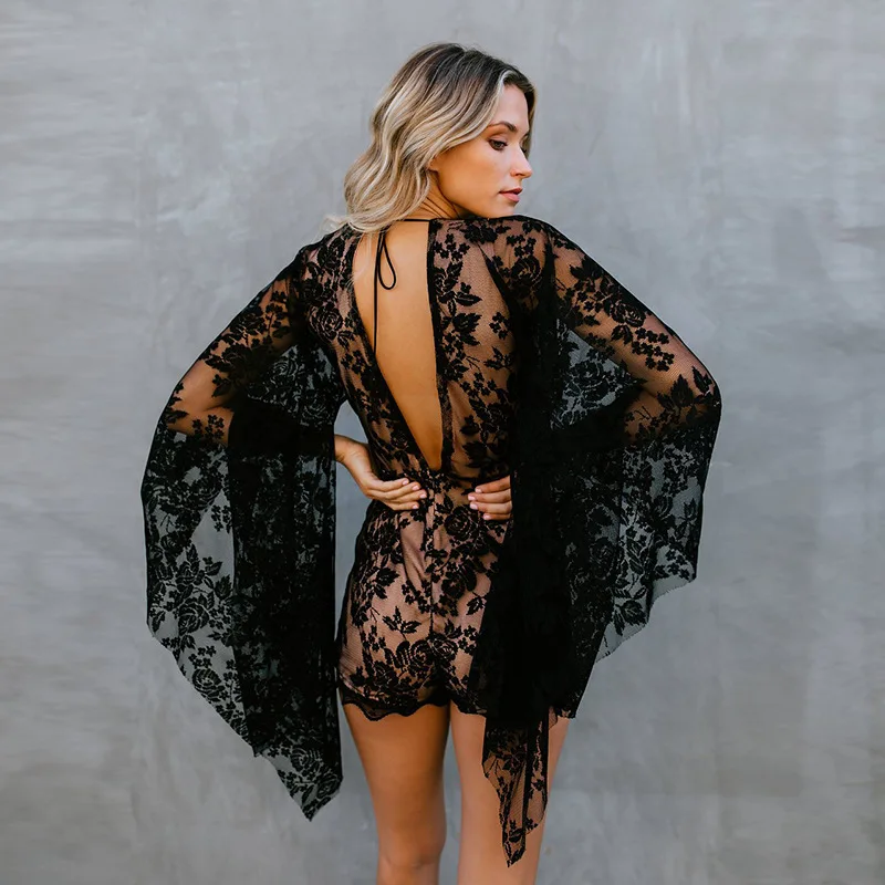 

Wmen Deep V-neck Sexy Horn Sleeve Lace Couplet Short Pants Long Sleeve Tie and Zipper Playsuits Beach Lace Jumpsuit Red Black