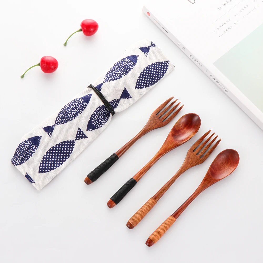 

1SET Portable Spoon Fork Tableware Wooden Cutlery Sets Cloth Bag Pack Tea Scoops Desserts Fruits Serving Travel Dinnerware Suit