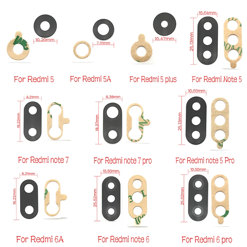 

10Pcs/Lots, For Xiaomi Redmi Note 7 6 5 5A 6A Pro PLus S2 Rear Camera Glass Lens Cover With glue Holder Replacement Spare Parts