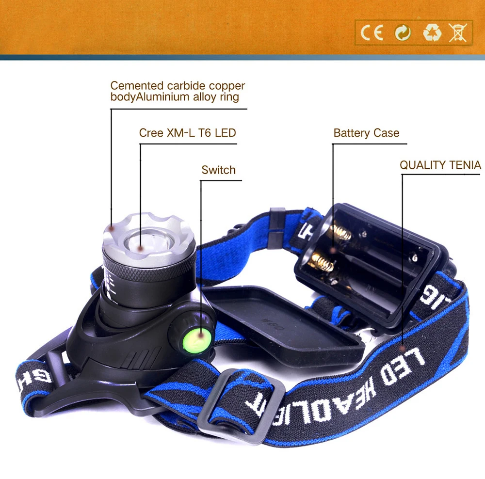 Перезаряжаемый налобный светильник с зумом 18650 светодиодный налобный фонарь Водонепроницаемый XM-L T6 2000LM налобный светильник для кемпинга рыбалки