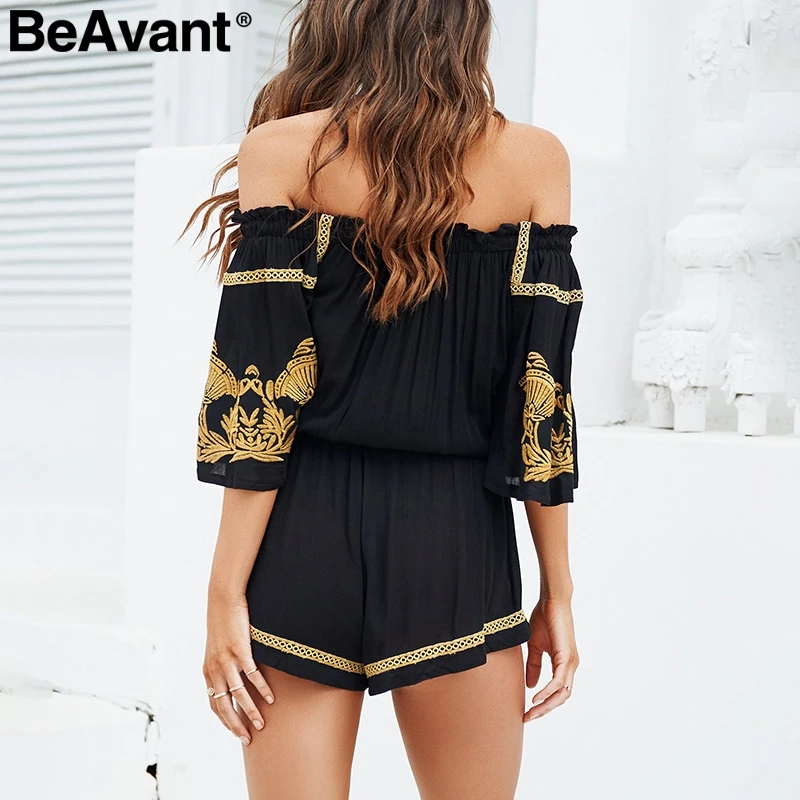 BeAvant Ethnic embroidery black jumpsuit rompers Women v neck tassel boho playsuit Summer beach casual overalls macacao 2018 new Jumpsuits and Playsuits