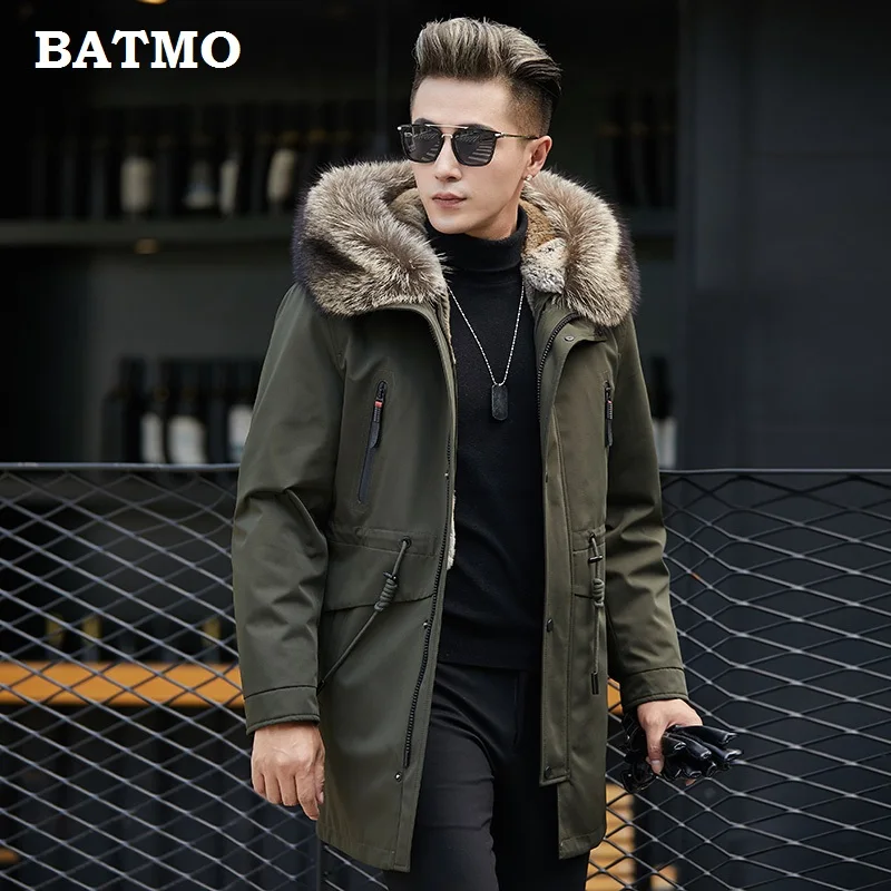 Batmo Новое поступление зимняя высококачественная теплая куртка с капюшоном из кроличьего меха, синяя мужская куртка, парки с воротником из меха енота для мужчин 1860