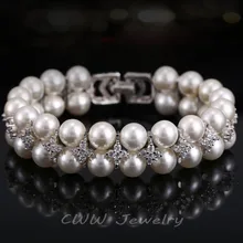 Hecho a mano de La Perla de La Boda Doble Filas Cúbicos Circón Diamante Simulado Nupcial Grandes Brazaletes de las Pulseras Para Las Mujeres CB157