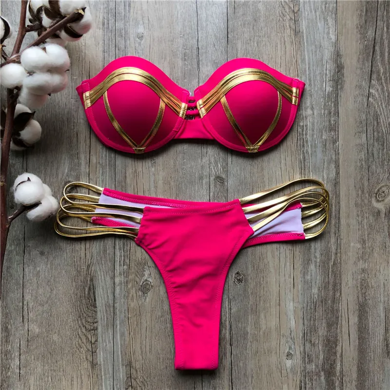 Женская одежда для плавания, комплект бикини пуш-ап, летний бандаж, пляжная одежда, купальный костюм, бразильский женский бикини, купальник, сексуальный бандо, купальник - Цвет: 1221-rose red