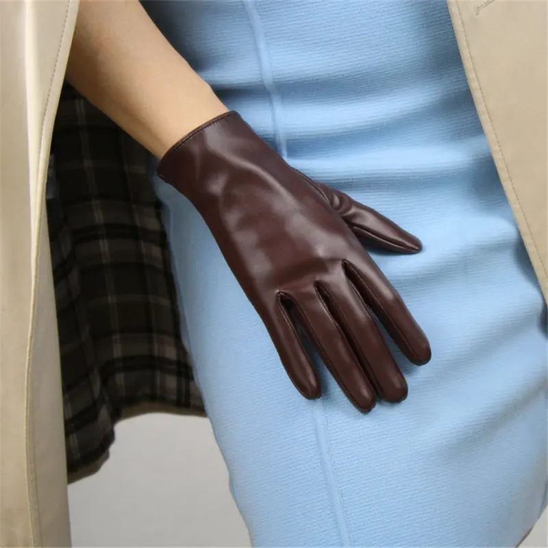 21 см лакированные кожаные перчатки короткие стильные кожаные зеркальные яркие королевские синие темно-синие кобальтовые синие сенсорный экран черные WPU93 - Цвет: PU Light Brown