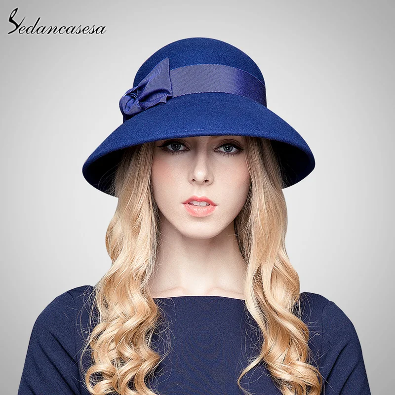 Sedancasesa 100 Australian Wool Fedora Hat bowknot Noble Bowler Hats