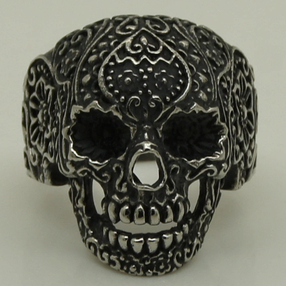 

cool men/boy evil flower carved skull 316L stainless steel ring