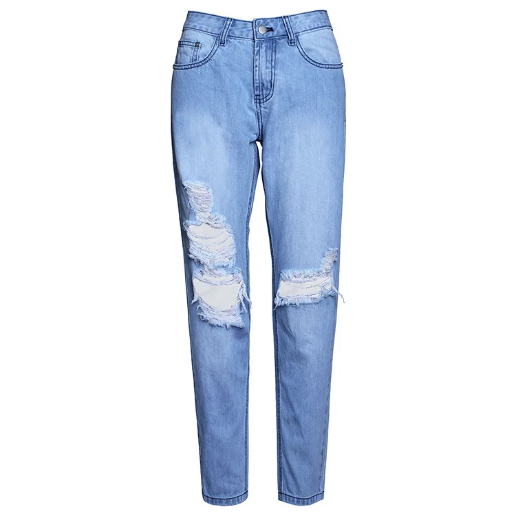 Высокая талия джинсы полной длины Карандаш Тощий Эластичный Модные Стиль пикантные царапины Ripped Boyfriend синие джинсы для Для женщин