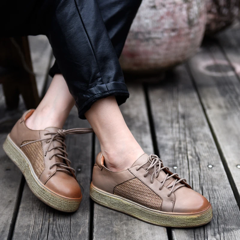 Lace Appartements Geniune Casual Marron Artmu Vulcaniser Chaussures Main Up Cuir Femmes kaki Nouvelle forme À De Femme La Plate En Confortables YOXqwtA
