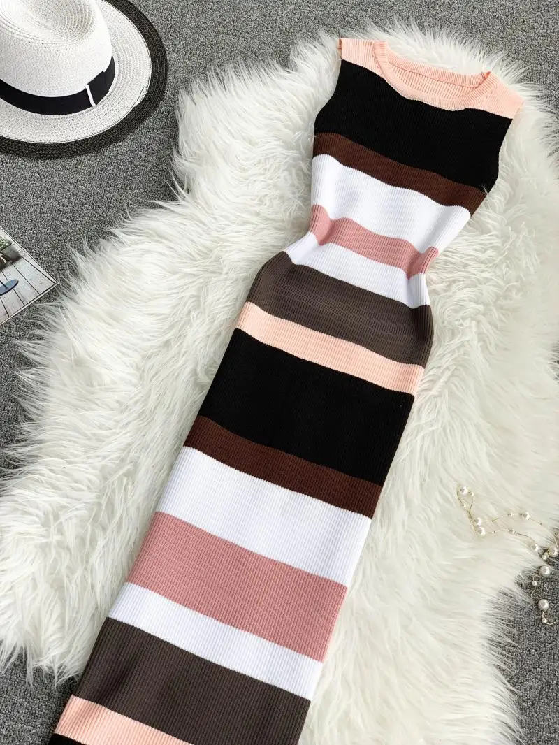 Striped Knit Mid-calf Tank Dress