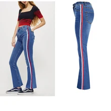 Women Wide Leg Flared Jeans High Waist Bell Bottom Jeans With White/Red Side Stripe Plus Size Stretch Jeans Push Up Denim long