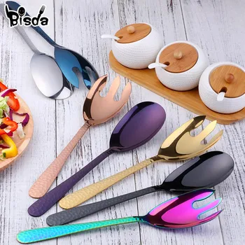 

Snack Handle Salad Spoon Or Fork Mixing Scoop 430 Stainless Steel Restaurant Service Spoons Public Tableware Using Buffet Tools