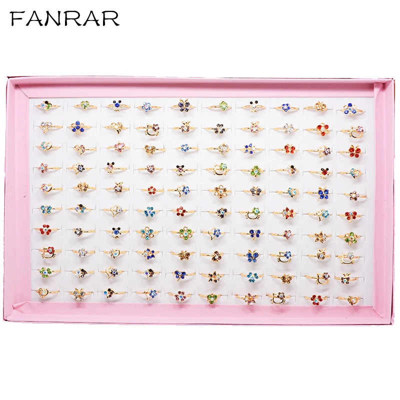 100 шт, разноцветные Регулируемые кольца с разноцветными кристаллами для маленьких девочек, вечерние подарочные коробки