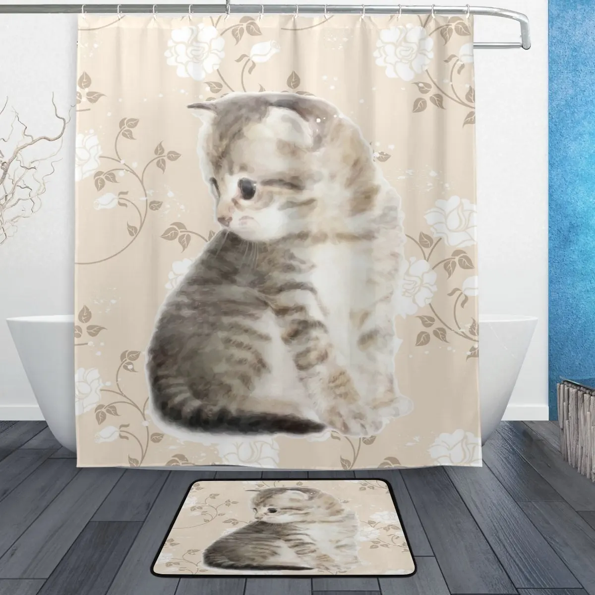 Cute Kitten Cat Vintage Flower Waterproof Polyester Fabric Shower