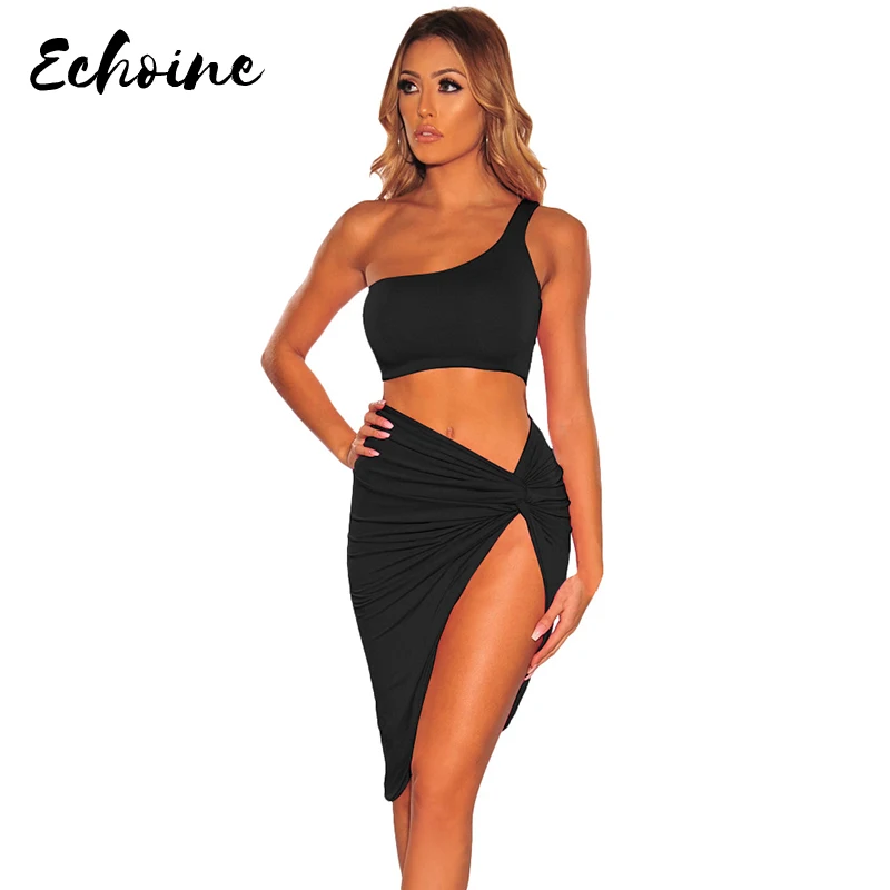 

Echoine Sexy Two Piece Set Women Crop Top And High Split Skirt Beach Set Bodycon Matching Sets Summer Holiday Clothes 4 Colors