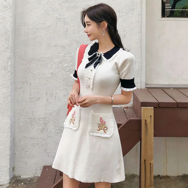 

HAMALIEL Korean 2019 Fashion Hit Color Knitting Mini Dress Summer Women Beading Bow Short Sleeve Embroidery Sweet Sweater Dress