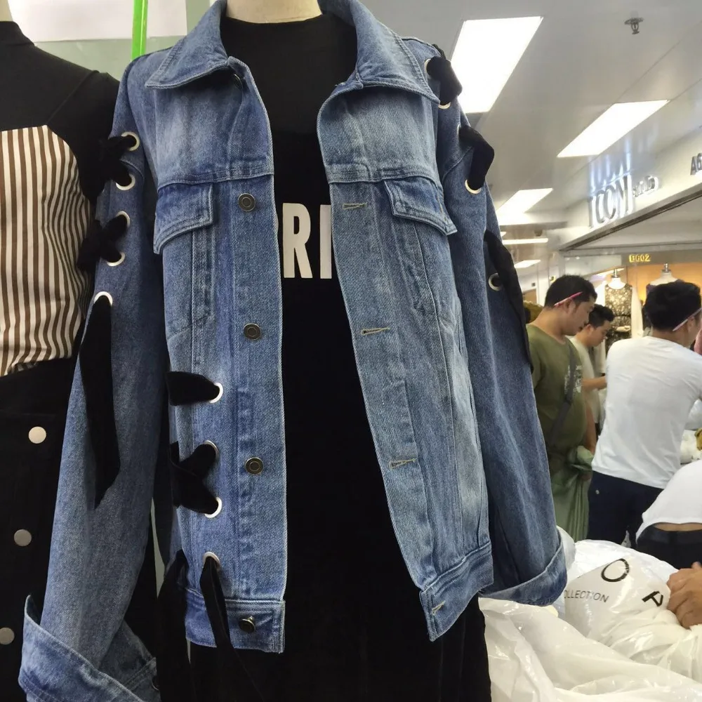 

Europen Turn-down Collar Lace Up Bowknot Denim Jacket Loose Women Jean Jacket Coat Fashion Spring Bomber Jacket Feminina 1153