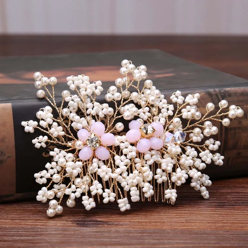 Fashion Charm Pink Flower Pearl Bridal Hair Comb Crystal Beads Combs