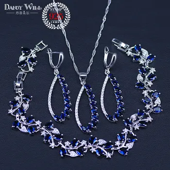 

silver color Jewelry Sets Blue Zircon Stone White CZ Beads For Women Party Earrings/Pendant/Necklace/Bracelet