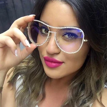 

Newest blue light glasses Women's Computer Eyeglass Frames Female Fashion Transparent pilot Sexy Diamond glasses sun