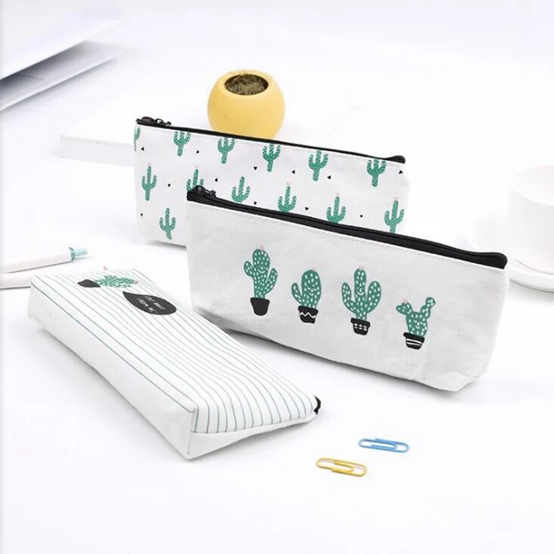 Canvas Cactus Pattern Makeup Bag Creative Beauty Cosmetic Bag Women Storage Pouch  Multifunction Make Up Case Necessarie