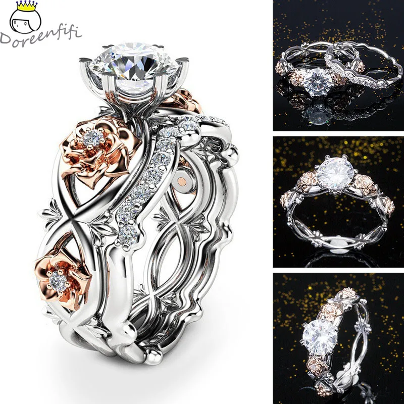 

Hot Sale 2-in-1 2pcs/set New Fashion Clear CZ Stone 925 Silver Rose Gold Flower Wedding Couple Rings For Lover Women Anneau anel