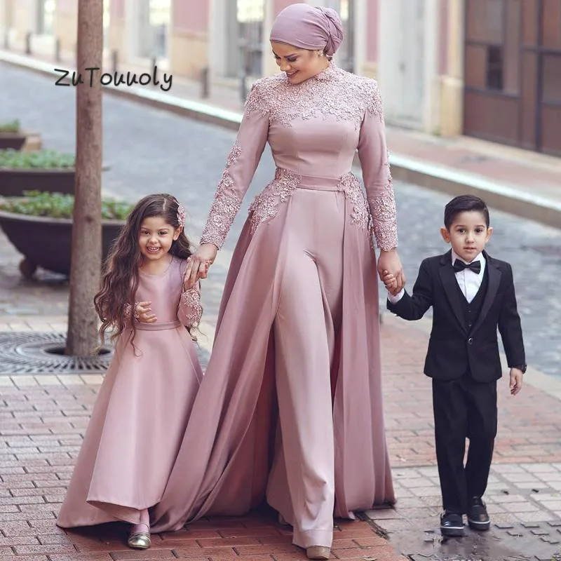Арабская, Дубай, комбинезон, вечерние платья со съемным шлейфом, пыльно-розовое мусульманское платье для выпускного вечера, кружевное нарядное платье с длинными рукавами и высоким воротом