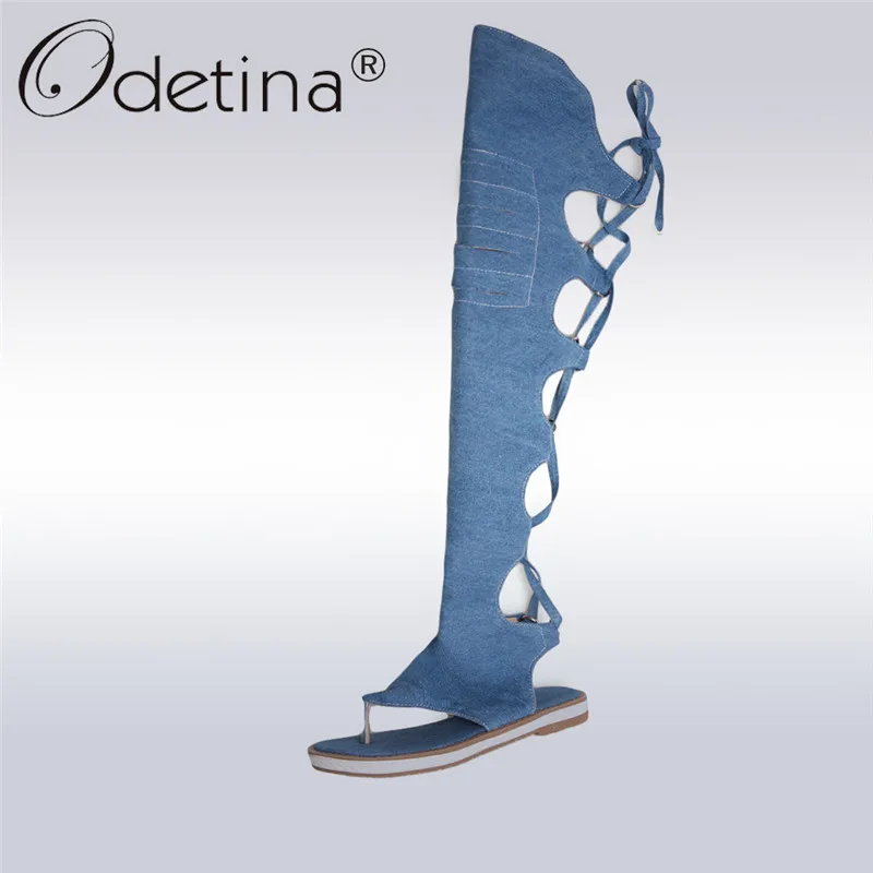 Odetina/Новые модные летние джинсовые сапоги выше колена женская обувь на плоской