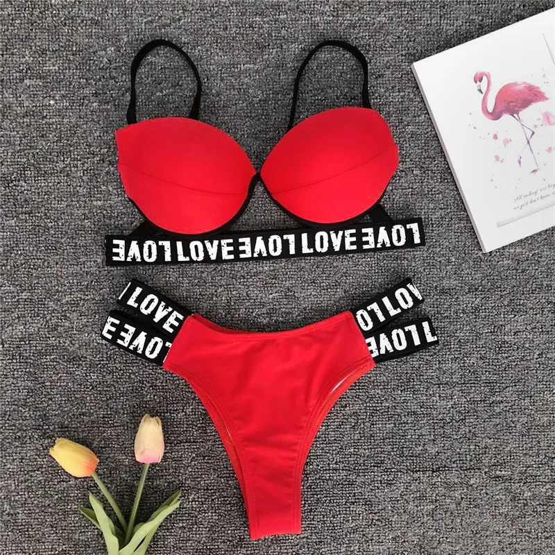 

2019 Sports Sexy Bandage Brazilian Bikini Push Up Swimwear Women Bathers Woman Swimsuit Female Love Letter Bathing Suit New