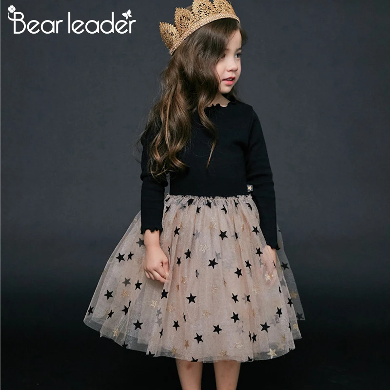 Bear leader/платье для девочек; платье принцессы с пентаграммой; Одежда для девочек; одежда для детей; вечерние платья-пачки в горошек с длинными рукавами для девочек