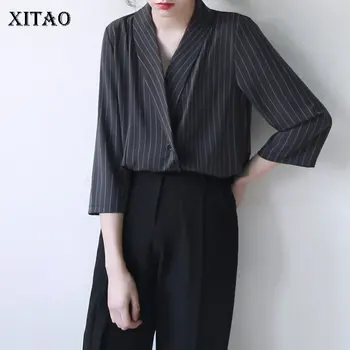 

XITAO Chiffon Striped Blouse Women Clothes 2019 Straight Wild Joker Turn Down Collar Autumn Elegant Office Style Shirt WLD2405