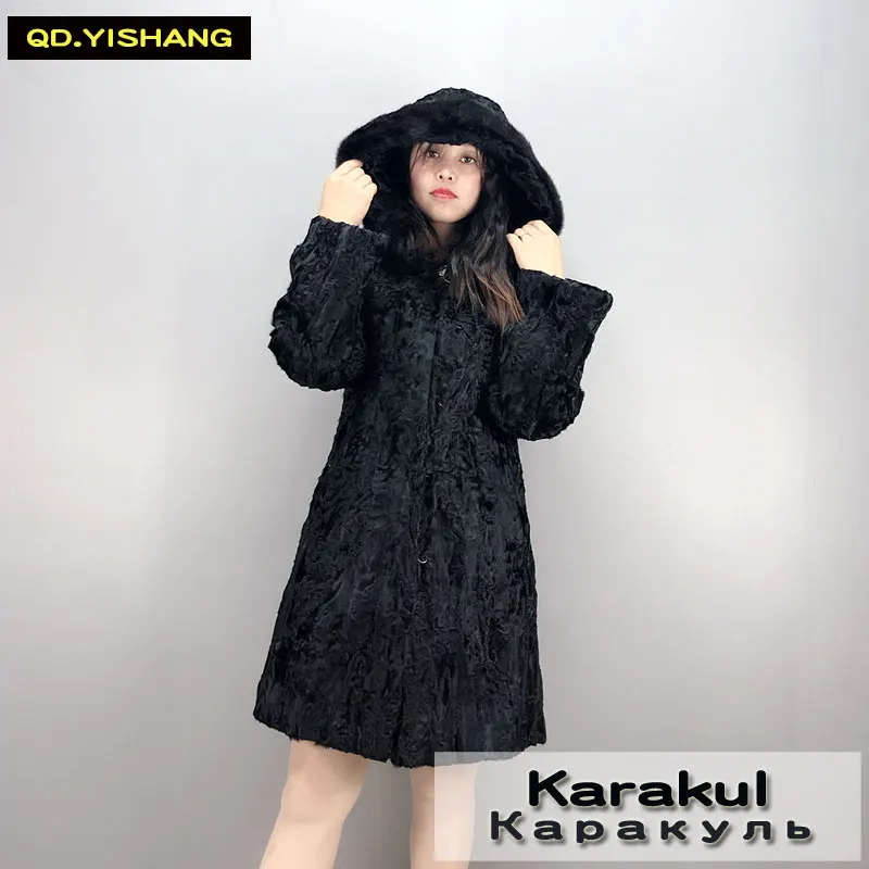 Натуральное меховое пальто Karakul, меховое пальто с капюшоном, длинное женское зимнее пальто QD. YISHANG