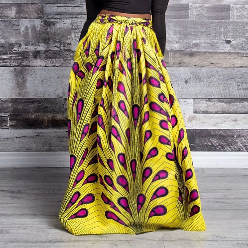

African Fashion Print Color Block Maxi Skirt High Waist Casual Holiday Yellow Chic Ladies Autumn Floor Length Party Long Skirts
