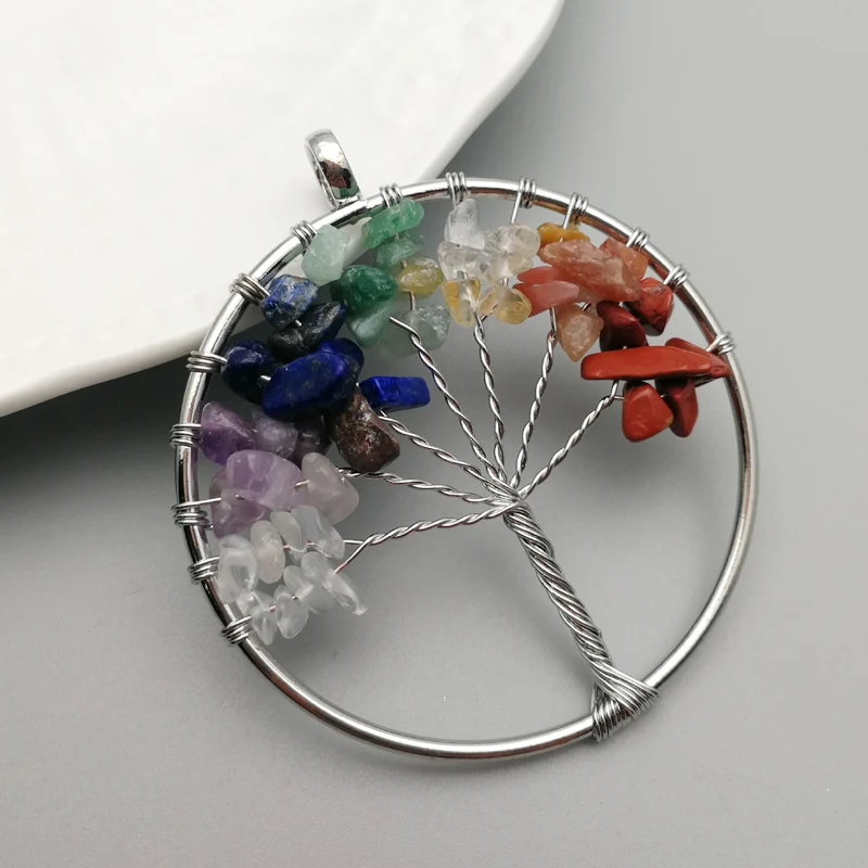 

Fashion 7 chakra stone 50mm Tree of life handmade wire wrapped Pendants Wholesale 6pcs/lot for jewelry accessories marking free