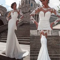 Новый дизайн 2019 изысканные кружева свадебное платье с Имитация Длинного Рукава шеи и спины свадебное платье годе Vestido De Noiva