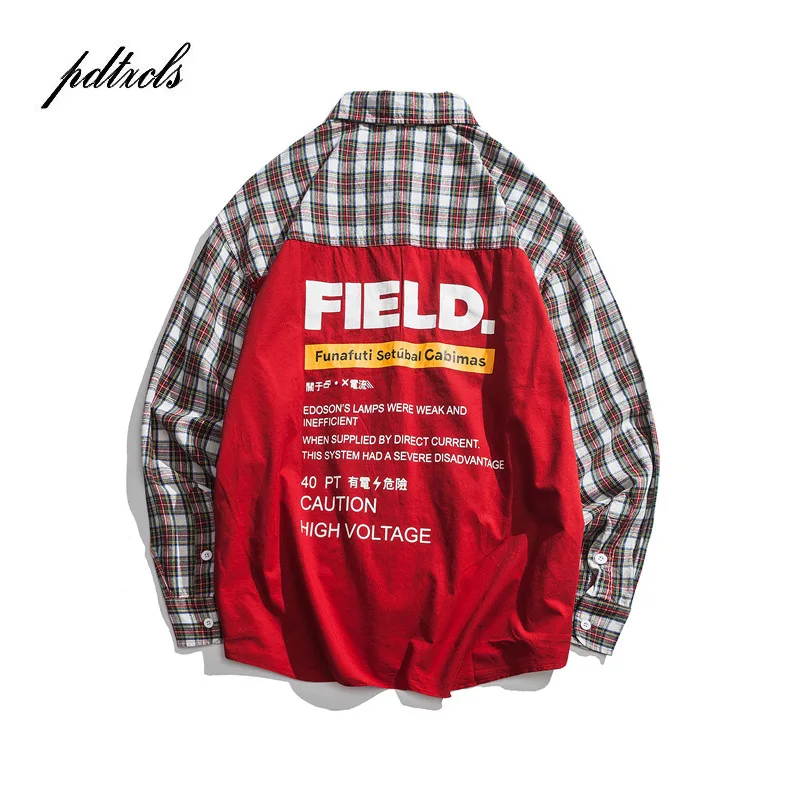 

New Color Block Patchwork Plaid Letter Printed Long Sleeve Shirts Mens 2018 Autumn Male Hip Hop Fahsion Casual Streetwear Shirts