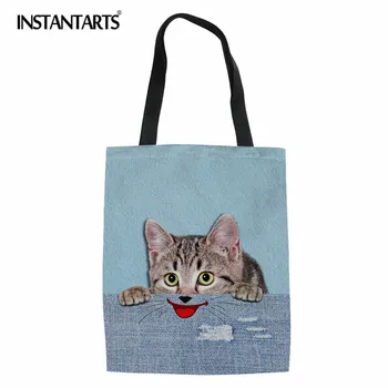 

INSTANTARTS Funny Cat Dog Pattern Canvas Shopping Bag for Women's Brand Design Casual Ladies Linen Tote Bags Cloth Pouch Girls