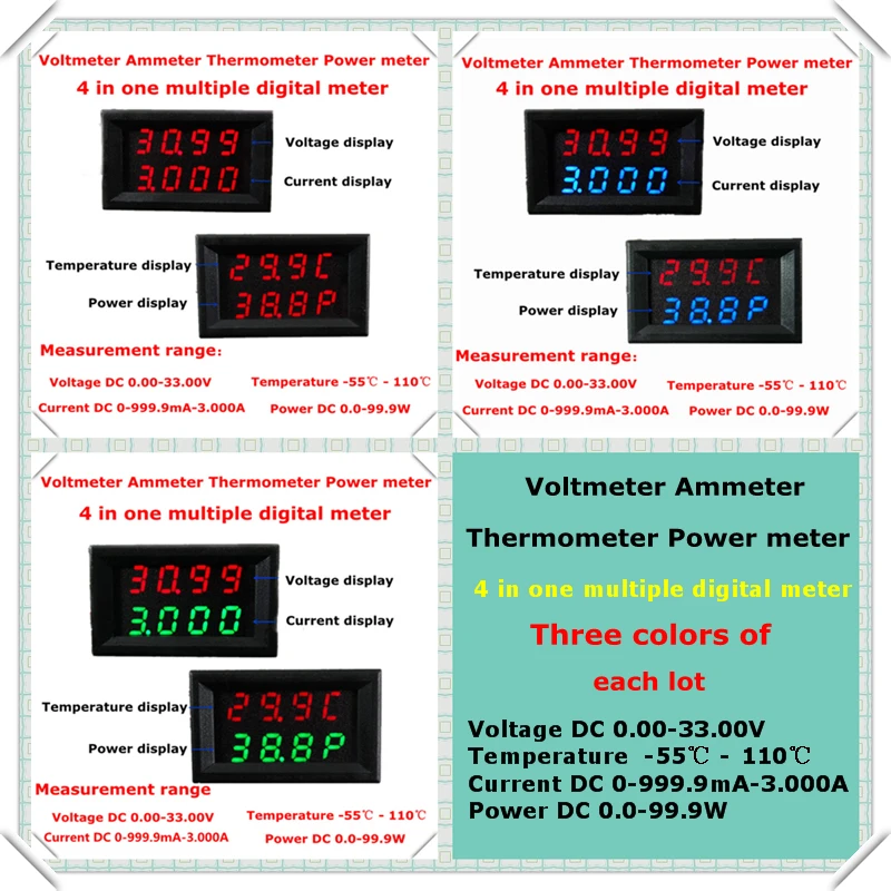 

RD Green/Blue/Red+Red Dual LED 4 in 1 0.28 Thermometer Power meter Ammeter Voltmeter voltage current DC 0-33.0V/3A [3 pcs/lot]