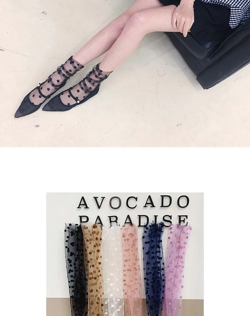 Японский весенне-летний модный продукт черный белый горошек сладкий Тюль Флокирование длинные носки искусство женские прозрачные шелковые носки