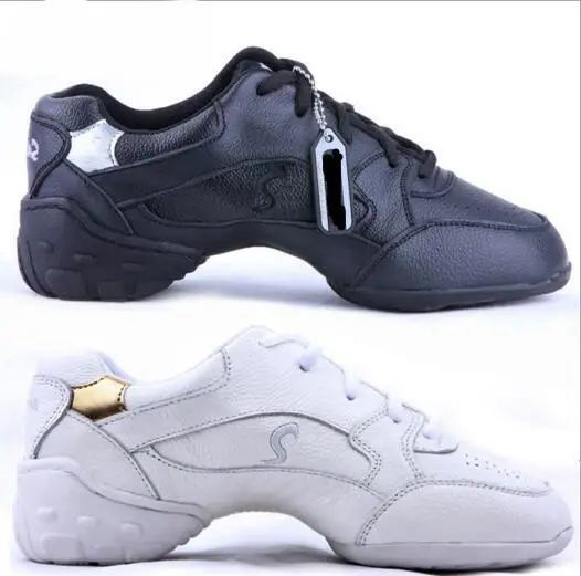 Image Professional Women Dance Shoes Sneakers Ladies Leather Square Line Dance Shoes White Black Modern Jazz Dance Shoes