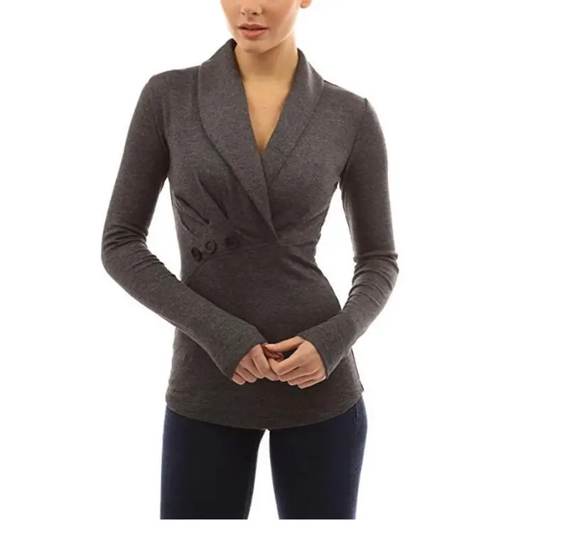 

2018 Spring and Autumn New Long-sleeve T-shirt Female Fashion Lapel Button Decoration Shirt Long Casual Female Tee