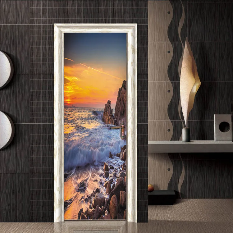 

Creative Sea spray Sunrise scenery Landscape Wallpaper Mural Wall Stickers Door Sticker Decals Living Room Home Decoration ZB105