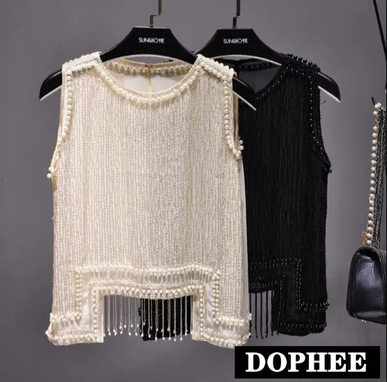 

Women Beading Blouse Shirt Sleeveless Summer Chiffon Tops Pearl Tassels Lady's Sexy Girls Blusas Top Tassel Shirts