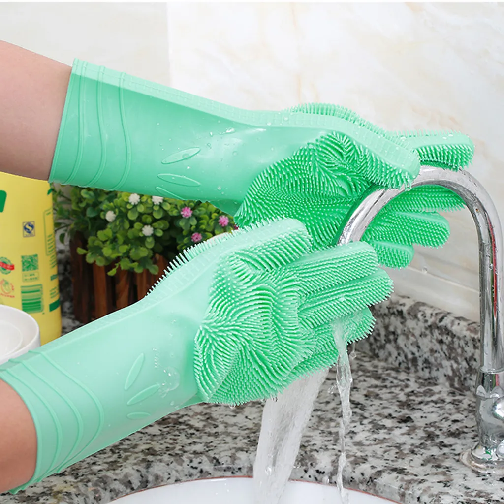 

1 Pair Silicone Rubbe Dish Washing Gloves Cleaning Brush Scrubber Gloves Kitchen Tableware Washing-up Helper Insulated Gloves
