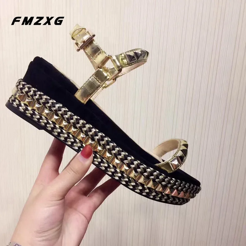 

FMZXG Sandalias Mujer 2018 Fashion Rivet Flat With Summer Shoe Real Leather Wedges Shoes For Women Platform Buckle Strap Sandals