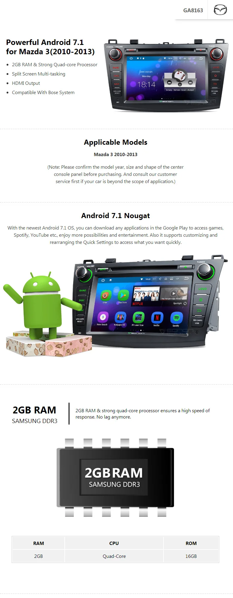 Clearance 8"Android 7.1 Car Stereo DVD GPS Navigation For Mazda 3 2010 2011 2012 2013  Touch Screen Head Unit Quad Core 2GB RAM 16GB ROM 0