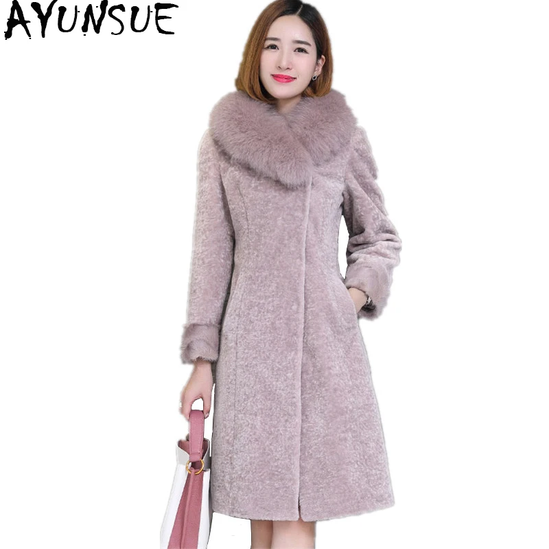 Ayunsue 2018 овечья шерсть пальто Для женщин натуральным мехом с Лисий меховой