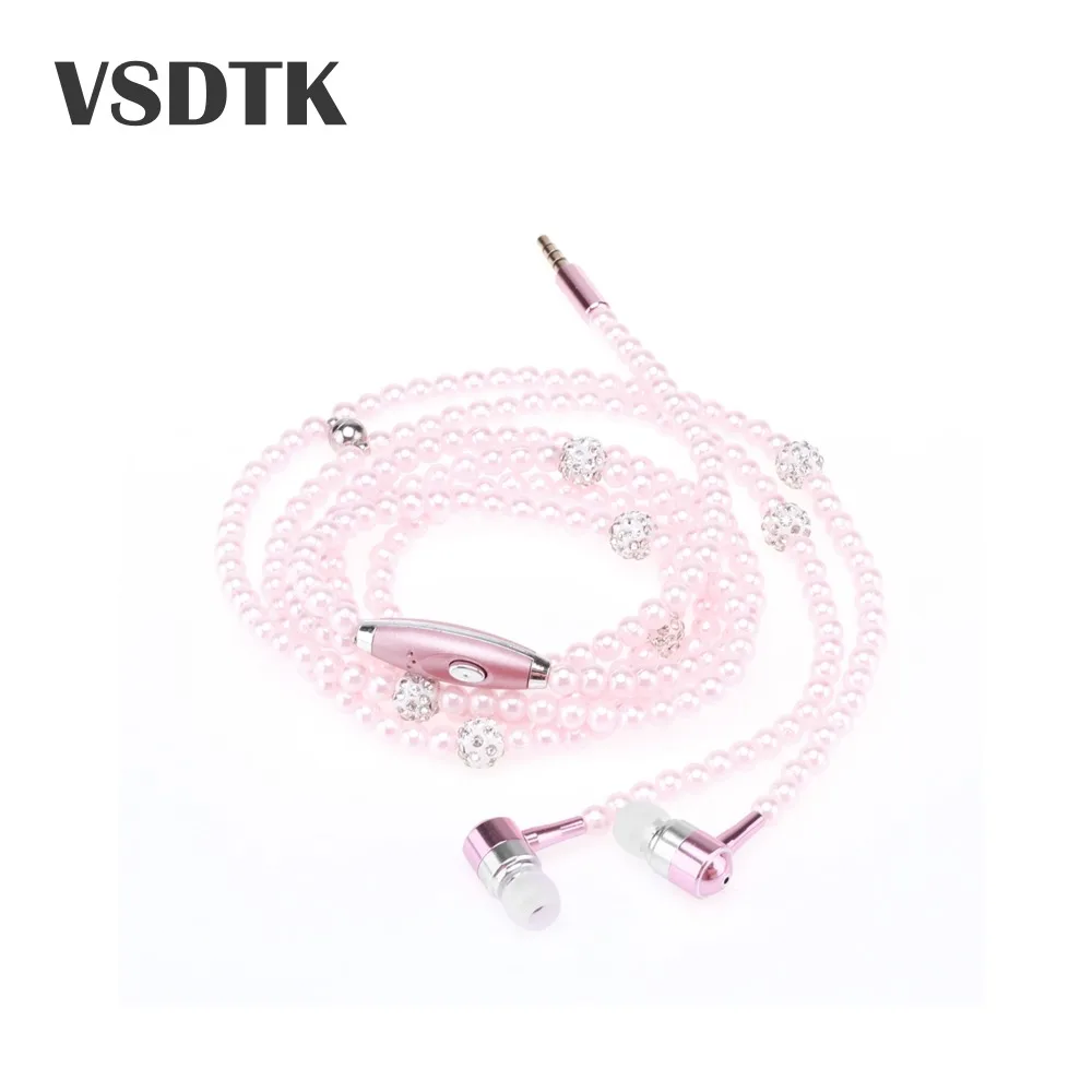 

Pink girl Rhinestone Jewelry Pearl Necklace Earphones With Microphone Earbuds For Iphone Xiaomi Brithday Gift fone de ouvido