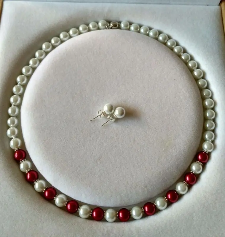 

8MM White /Wine South Sea Shell Pearl necklace +earrings set 18" v11