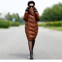 Зимний длинный свободный пуховик с капюшоном плюс удобрение в сплошной цвет модное женское пальто белый утиный пух